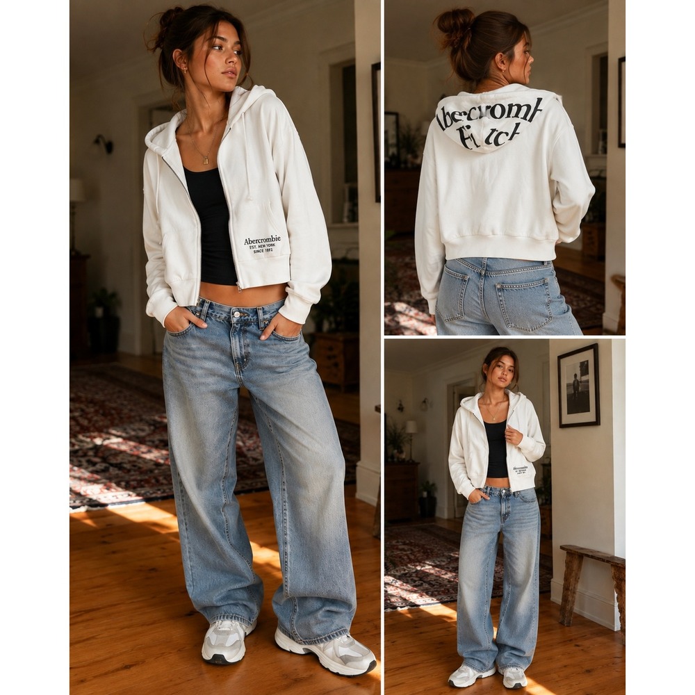 Abercrombie & Fitch Soft A&F Collection White Spellout Zip Hoodie Size S